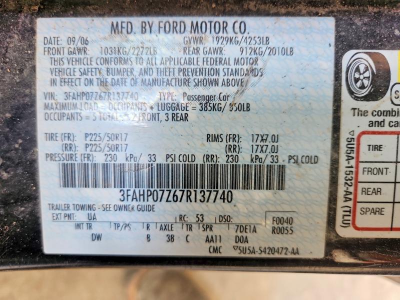 2007 Ford Fusion მანქანა იყიდება აუქციონზე, vin: 3FAHP07Z67R137740, აუქციონის ნომერი: 62473776