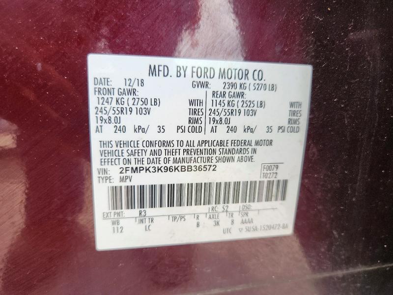 60927256 :رقم المزاد ، 2FMPK3K96KBB36572 vin ، 2019 Ford Edge مزاد بيع