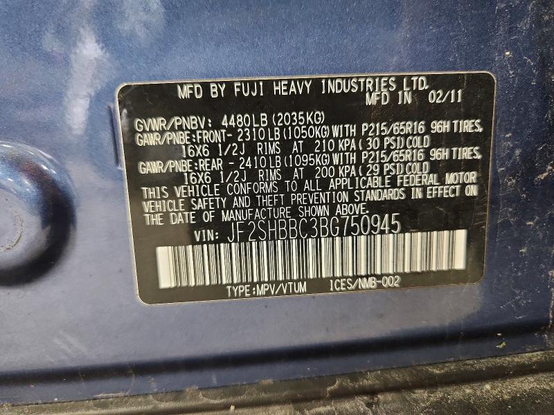 59814106 :رقم المزاد ، JF2SHBBC3BG750945 vin ، 2011 Subaru Forester مزاد بيع