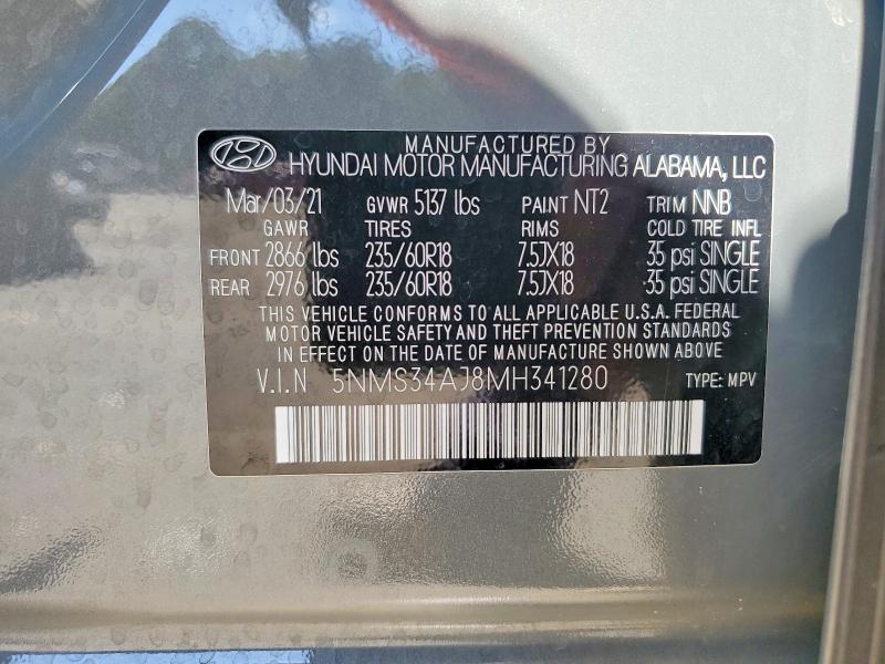 Aukcja sprzedaży 2021 Hyundai Santa Fe, vin: 5NMS34AJ8MH341280, numer aukcji: 61680766