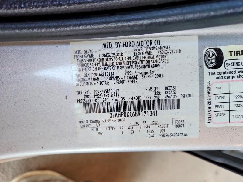 2011 Ford Fusion მანქანა იყიდება აუქციონზე, vin: 3FAHP0KC6BR121341, აუქციონის ნომერი: 62416796