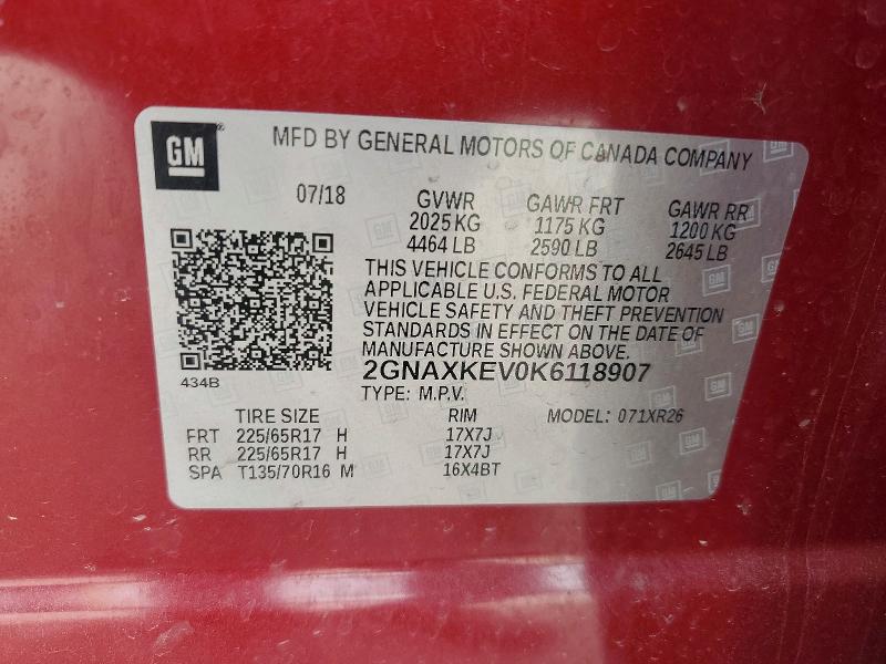 Aukcja sprzedaży 2019 Chevrolet Equinox, vin: 2GNAXKEV0K6118907, numer aukcji: 60135086