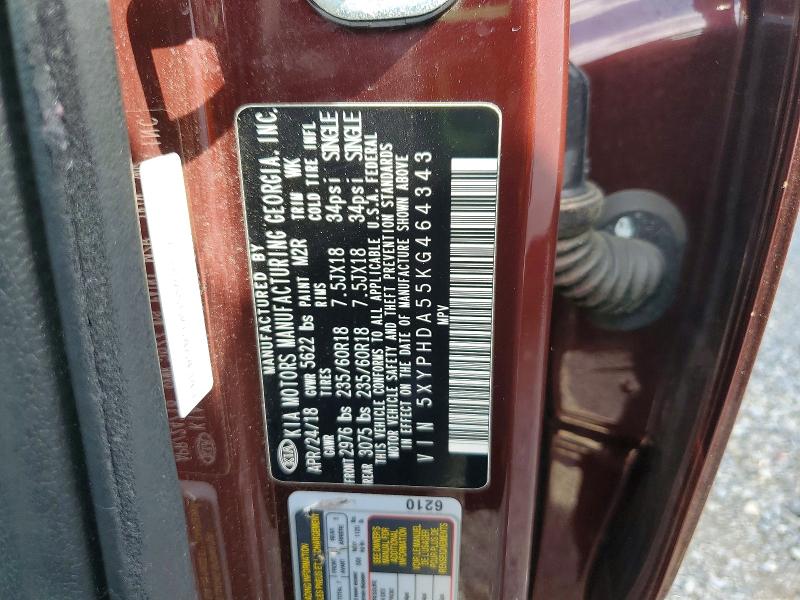 2019 Kia Sorento მანქანა იყიდება აუქციონზე, vin: 5XYPHDA55KG464343, აუქციონის ნომერი: 62543096