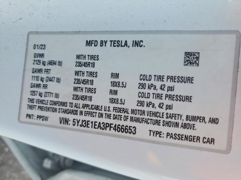 Продажа на аукционе авто 2023 Tesla Model 3, vin: 5YJ3E1EA3PF466653, номер лота: 60960726