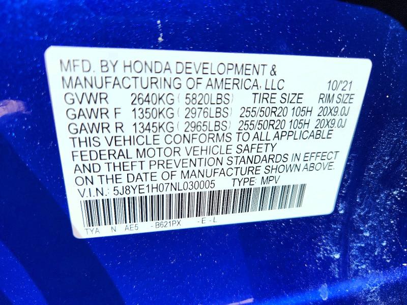 59302176 :رقم المزاد ، 5J8YE1H07NL030005 vin ، 2022 Acura Mdx مزاد بيع