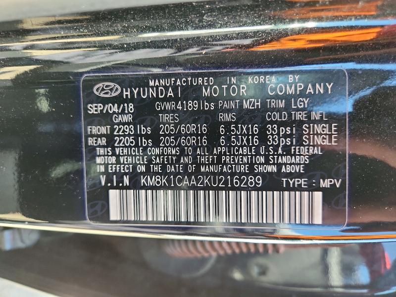 2019 Hyundai Kona მანქანა იყიდება აუქციონზე, vin: KM8K1CAA2KU216289, აუქციონის ნომერი: 62392966