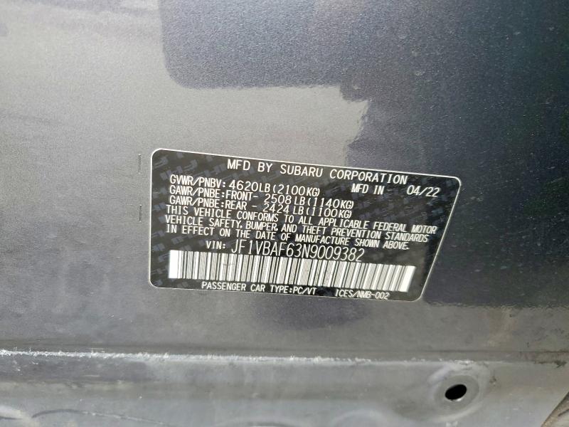 Продаж на аукціоні авто 2022 Subaru Wrx, vin: JF1VBAF63N9009382, номер лоту: 85613915