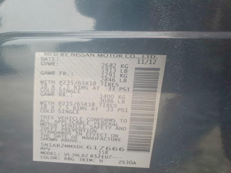 Auction sale of the 2013 Nissan Pathfinder, vin: 5N1AR2MMXDC617666, lot number: 62695276
