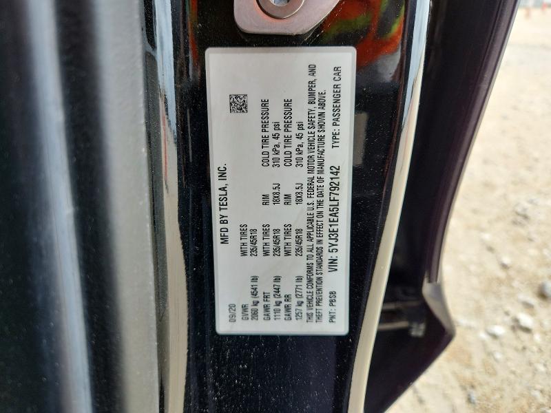 60849536 :رقم المزاد ، 5YJ3E1EA5LF792142 vin ، 2020 Tesla Model 3 مزاد بيع