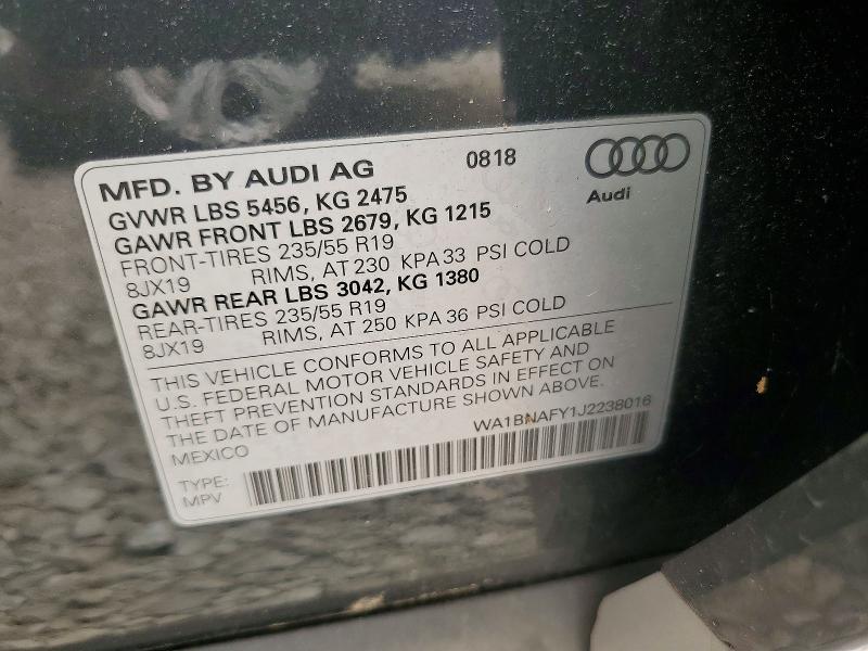 2018 Audi Q5 მანქანა იყიდება აუქციონზე, vin: WA1BNAFY1J2238016, აუქციონის ნომერი: 61230486