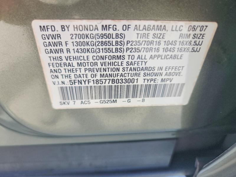 Aukcja sprzedaży 2007 Honda Pilot, vin: 5FNYF18577B033001, numer aukcji: 60800616