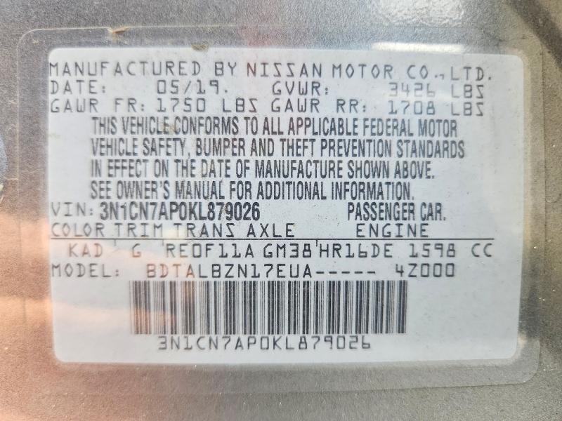 2019 Nissan Versa მანქანა იყიდება აუქციონზე, vin: 3N1CN7AP0KL879026, აუქციონის ნომერი: 61771306