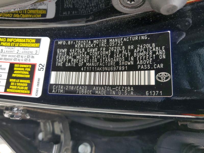 Продажа на аукционе авто 2022 Toyota Camry, vin: 4T1T11AK9NU697891, номер лота: 59373596