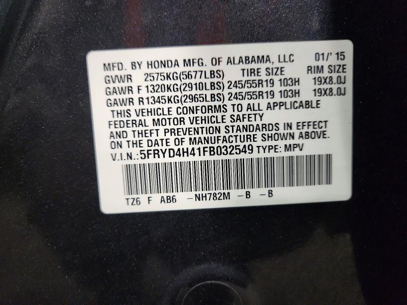 61780256 :رقم المزاد ، 5FRYD4H41FB032549 vin ، 2015 Acura Mdx مزاد بيع
