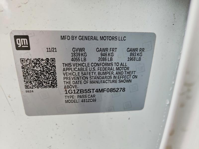 2021 Chevrolet Malibu მანქანა იყიდება აუქციონზე, vin: 1G1ZB5ST4MF085278, აუქციონის ნომერი: 60407876