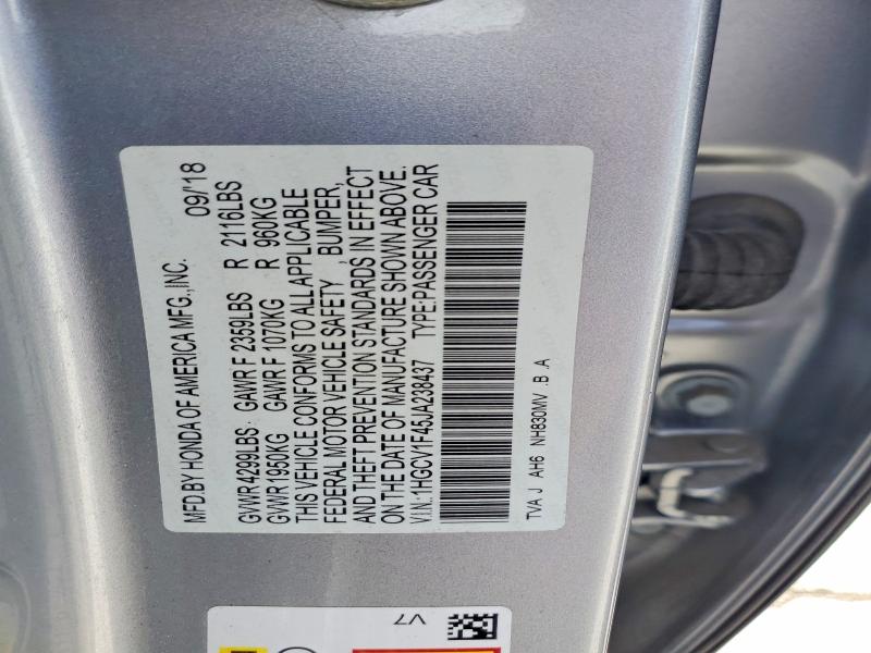2018 Honda Accord მანქანა იყიდება აუქციონზე, vin: 1HGCV1F45JA238437, აუქციონის ნომერი: 60509146
