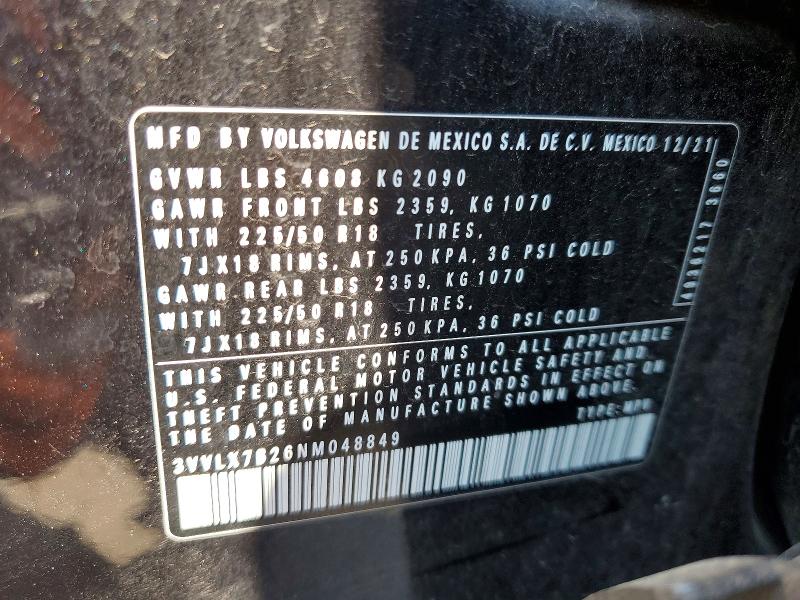 61054686 :رقم المزاد ، 3VVLX7B26NM048849 vin ، 2022 Volkswagen Taos مزاد بيع