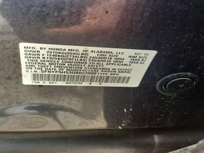 61477056 :رقم المزاد ، 5FNYF5H53GB023900 vin ، 2016 Honda Pilot مزاد بيع