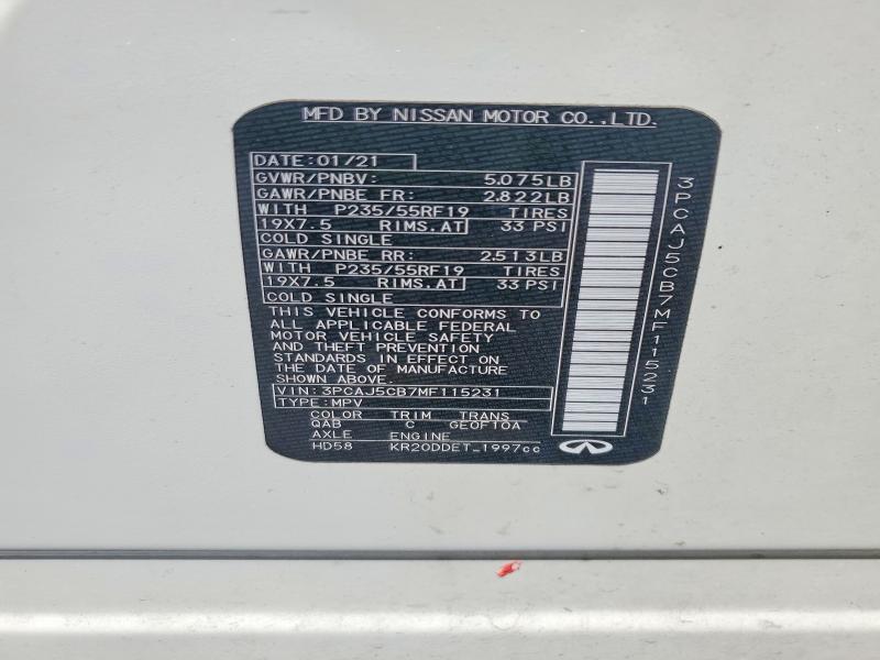 61685686 :رقم المزاد ، 3PCAJ5CB7MF115231 vin ، 2021 Infiniti Qx50 مزاد بيع