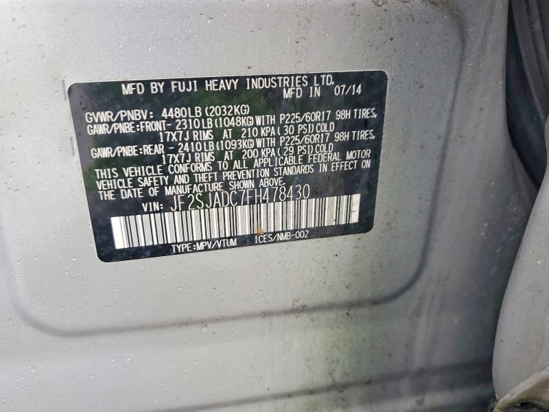 2015 Subaru Forester მანქანა იყიდება აუქციონზე, vin: JF2SJADC7FH478430, აუქციონის ნომერი: 59651666