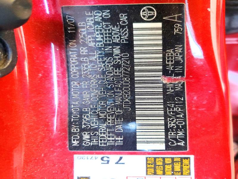 Aukcja sprzedaży 2008 Toyota Prius, vin: JTDKB20U087727210, numer aukcji: 62025416