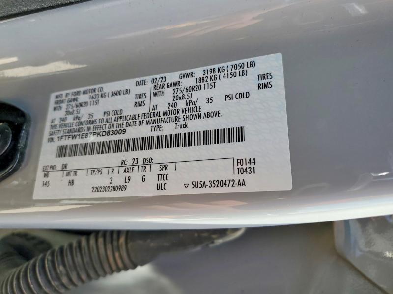2023 Ford F150 მანქანა იყიდება აუქციონზე, vin: 1FTFW1E87PKD83009, აუქციონის ნომერი: 62449496