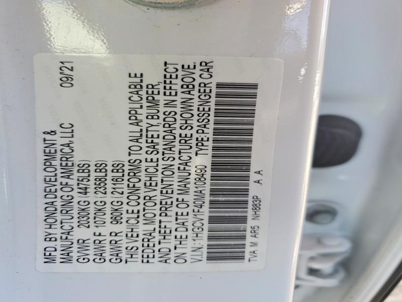 59152676 :رقم المزاد ، 1HGCV1F40MA108490 vin ، 2021 Honda Accord مزاد بيع