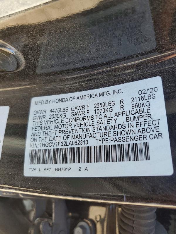 Aukcja sprzedaży 2020 Honda Accord, vin: 1HGCV1F32LA062313, numer aukcji: 60491726