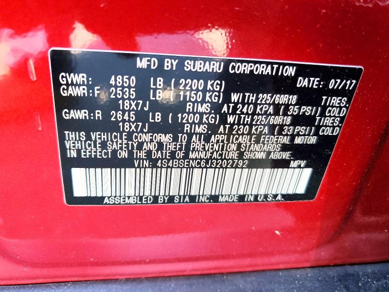 58749496 :رقم المزاد ، 4S4BSENC6J3202792 vin ، 2018 Subaru Outback مزاد بيع