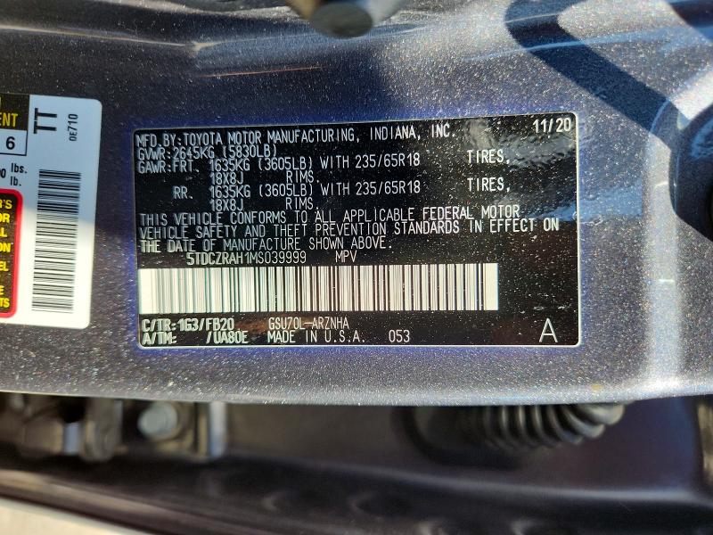 60701576 :رقم المزاد ، 5TDCZRAH1MS039999 vin ، 2021 Toyota Highlander مزاد بيع