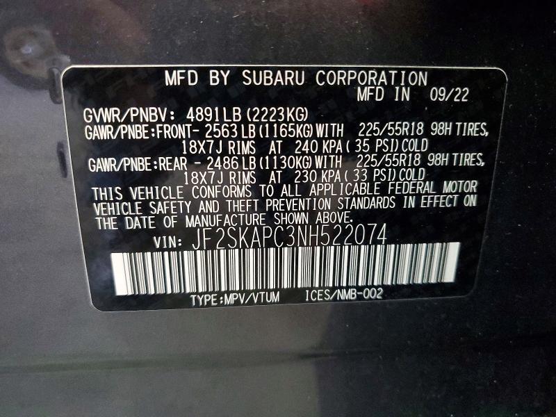 Aukcja sprzedaży 2022 Subaru Forester, vin: JF2SKAPC3NH522074, numer aukcji: 60353186