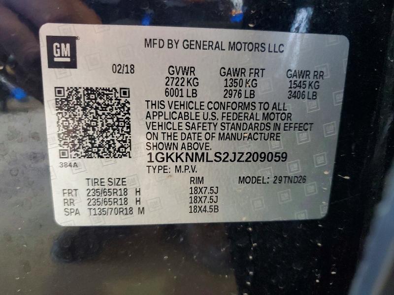 Aukcja sprzedaży 2018 Gmc Acadia, vin: 1GKKNMLS2JZ209059, numer aukcji: 62472026