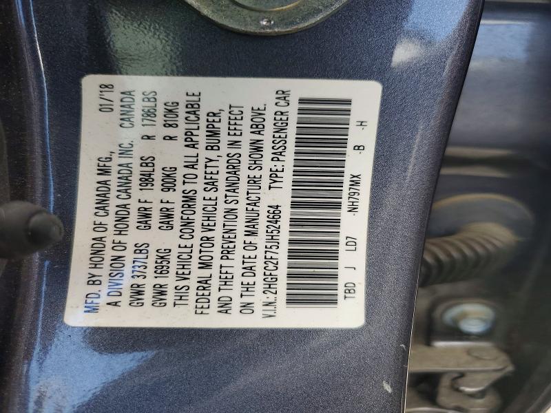 Продаж на аукціоні авто 2018 Honda Civic, vin: 2HGFC2F75JH524664, номер лоту: 59818836