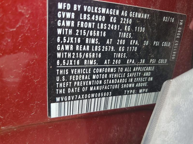 59660286 :رقم المزاد ، WVGBV7AX0GW085603 vin ، 2016 Volkswagen Tiguan مزاد بيع