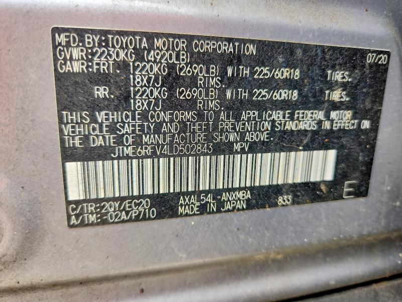 Aukcja sprzedaży 2020 Toyota Rav4, vin: JTME6RFV4LD502843, numer aukcji: 60610446