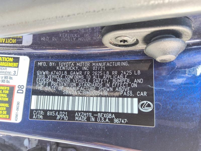 2021 Lexus Es მანქანა იყიდება აუქციონზე, vin: 58ADA1C19MU005418, აუქციონის ნომერი: 62422526
