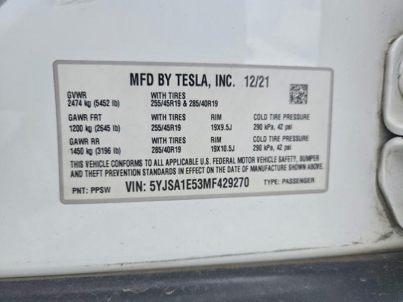 Aukcja sprzedaży 2021 Tesla Model S, vin: 5YJSA1E53MF429270, numer aukcji: 60191356