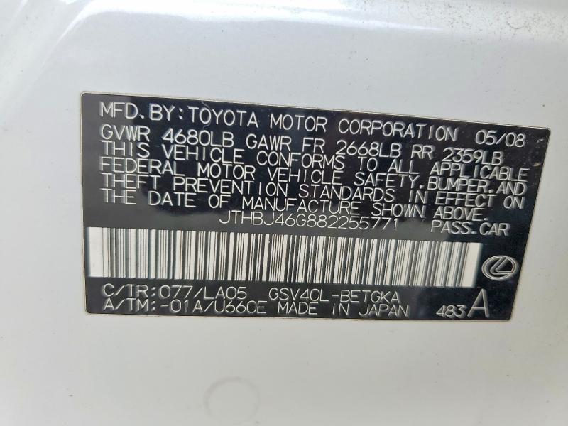 Aukcja sprzedaży 2008 Lexus Es, vin: JTHBJ46G882255771, numer aukcji: 62492276