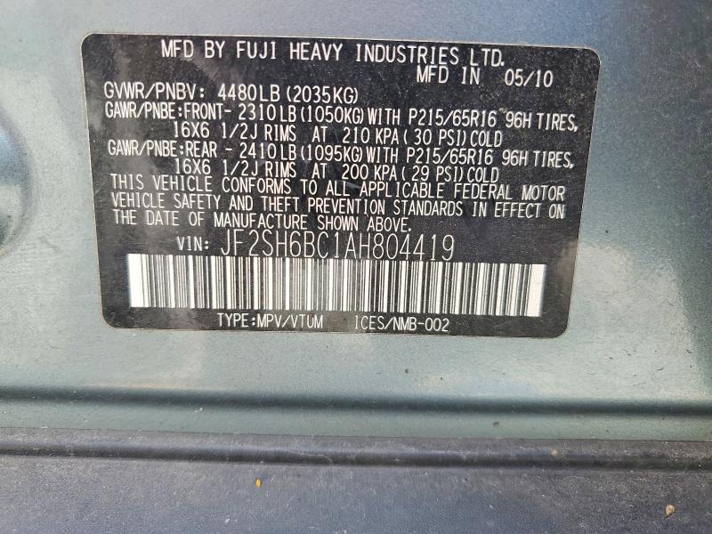 Aukcja sprzedaży 2010 Subaru Forester, vin: JF2SH6BC1AH804419, numer aukcji: 63172886