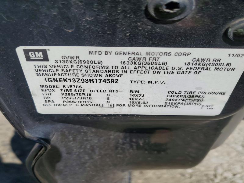 Aukcja sprzedaży 2003 Chevrolet Tahoe, vin: 1GNEK13Z93R174592, numer aukcji: 60624406