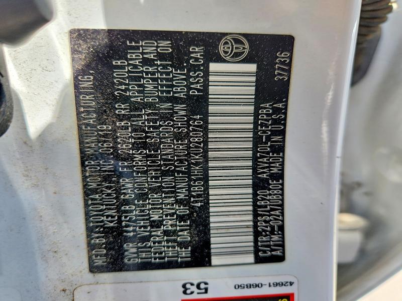 62025656 :رقم المزاد ، 4T1B61HK1KU280764 vin ، 2019 Toyota Camry مزاد بيع