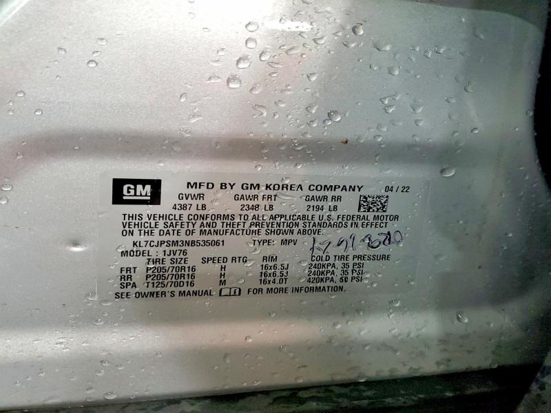 2022 Chevrolet Trax მანქანა იყიდება აუქციონზე, vin: KL7CJPSM3NB535061, აუქციონის ნომერი: 85992095