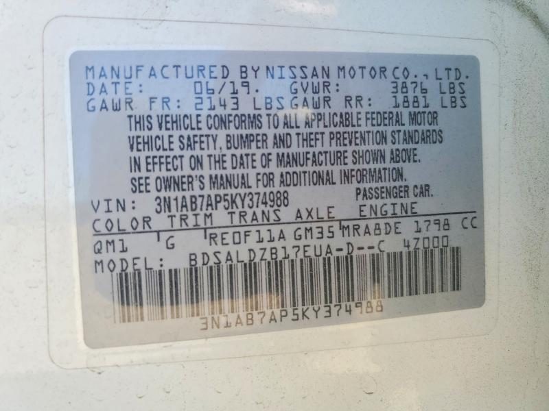 2019 Niss Sentra მანქანა იყიდება აუქციონზე, vin: 3N1AB7AP5KY374988, აუქციონის ნომერი: 59193276
