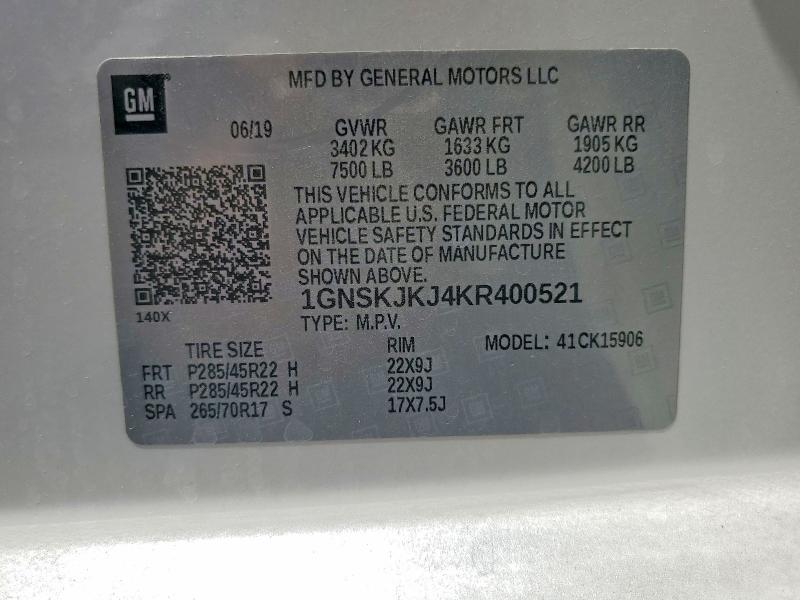 Продаж на аукціоні авто 2019 Chevrolet Suburban, vin: 1GNSKJKJ4KR400521, номер лоту: 62653006