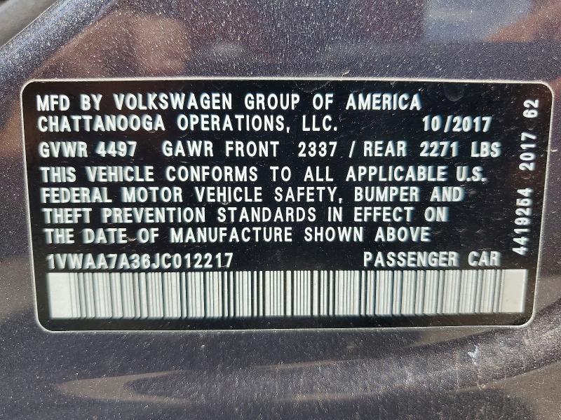 60832336 :رقم المزاد ، 1VWAA7A36JC012217 vin ، 2018 Volkswagen Passat مزاد بيع