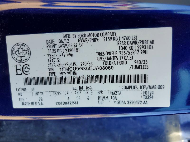 2014 Ford Escape მანქანა იყიდება აუქციონზე, vin: 1FMCU9GX6EUA08060, აუქციონის ნომერი: 61597126