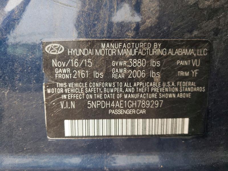 60564466 :رقم المزاد ، 5NPDH4AE1GH789297 vin ، 2016 Hyundai Elantra مزاد بيع