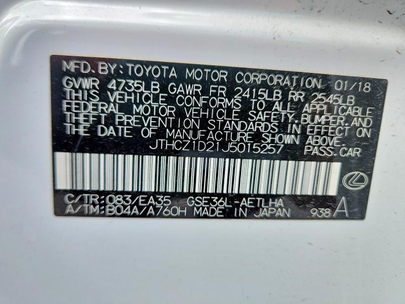 2018 Lexus Is მანქანა იყიდება აუქციონზე, vin: JTHCZ1D21J5015257, აუქციონის ნომერი: 62491736