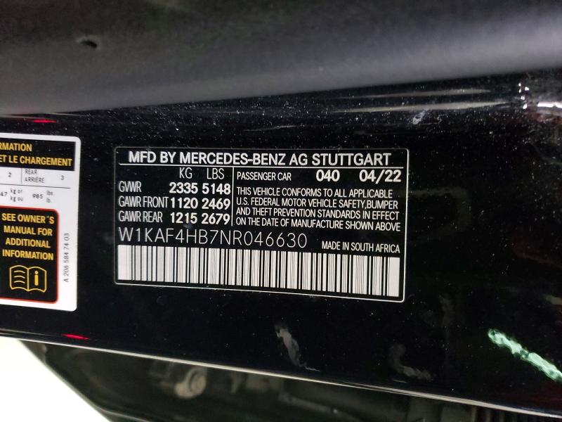 60983856 :رقم المزاد ، W1KAF4HB7NR046630 vin ، 2022 Mercedes-benz C مزاد بيع