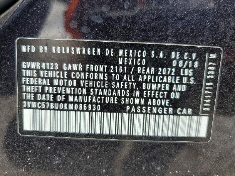 2019 Volkswagen Jetta მანქანა იყიდება აუქციონზე, vin: 3VWC57BU0KM085930, აუქციონის ნომერი: 62941616